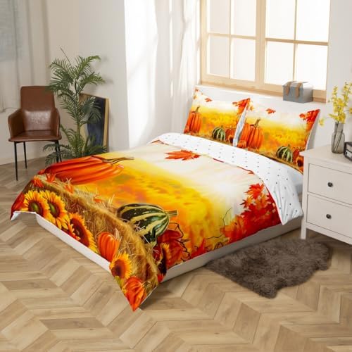 Feelyou Fall Bedding Set for Girls Boys Kids Toddler Size Maple Leaves Pumpkin Comforter Cover Room Decor Daisy Botanical Floral Printed Duvet Cover Beige Orange Yellow Quilt Set - Image 6