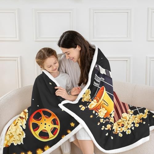 Movie Theater Film Throw Blanket Vintage Cinema Popcorn Fleece Flannel Blankets Kids Boys Girls Room Decor Family Theater Bed Blankets for Bed Sofa Couch Black Yellow Red Plush Blanket Throw 50"x60" - Image 2
