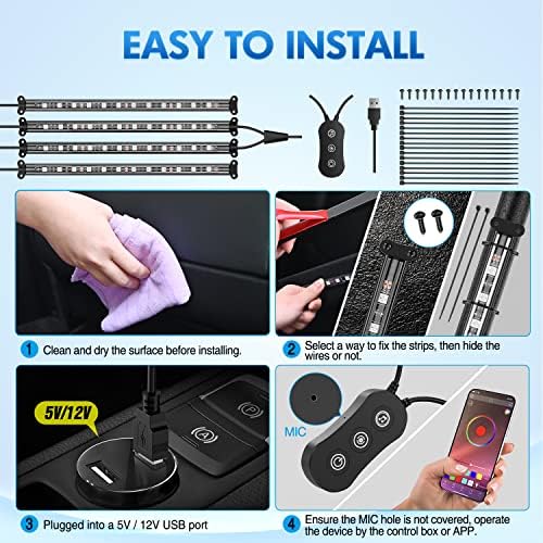 Nilight 4PCS USB Car Interior Neon Accent Lights RGB App and Button Control