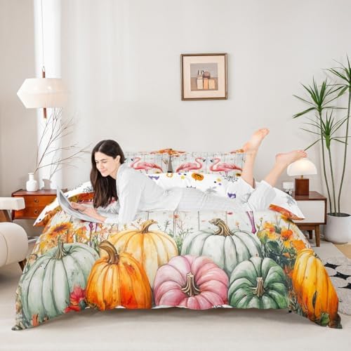 Erosebridal Fall Pumpkin Harvest Duvet Cover King Size, Happy Thanksgiving Comforter Cover for Kids Teens Adult Bedroom,Flamingo Maple Autumn Leaves Bedding Set Rustic Farmhouse Barn Door Bed Set - Image 3