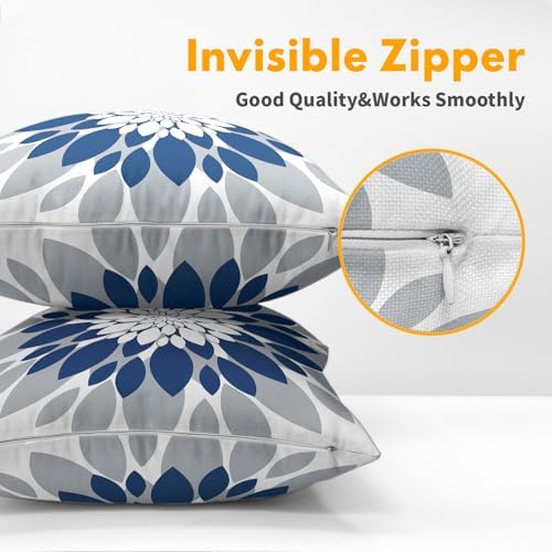 Blue Grey Dahlia Pillow Covers 22x22 Set of 2 Navy Blue Floral Throw Pillow Covers Natural Pillowcase Linen Decoration Farmhouse Soft Decorative Flower Cushion Case Couch for Indoor Outdoor Home Decor - Image 5