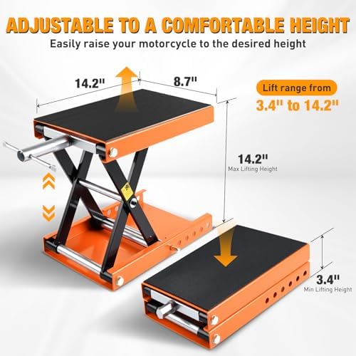 Nilight Motorcycle Lift Jack 1100 LBS Scissor Jacks Stand Lift with Wide Deck Safety Pin Handle 3.4"-14.2" Height Adjustable Hoist Stand Garage Repair Lifter for Motorcycles ATV Dirt Bike, Orange - Image 3