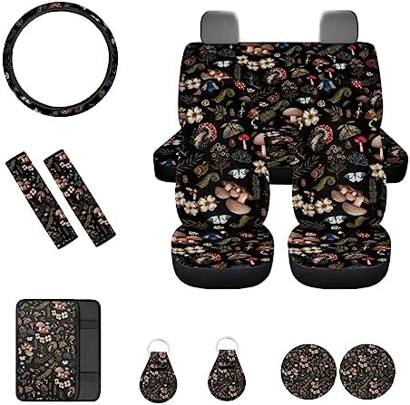 Mushroom Car Seat Covers with Butterfly Snail Daisy Flower Seat Protection for Vehicle SUV Truck,Durable Non Slip Auto Steering Wheel Covers Coaster Keychains Seatbelt Pads Armrest Pad 12 Pcs