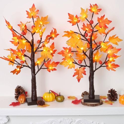 Fall Decor 2 Pack 24 Inch Lighted Maple Tree with 48 LED & Timer, Battery Operated Artificial Autumn Tabletop Tree with Acorns Maple Indoor Fall Decorations for Home, Thanksgiving Table Decor - Image 2