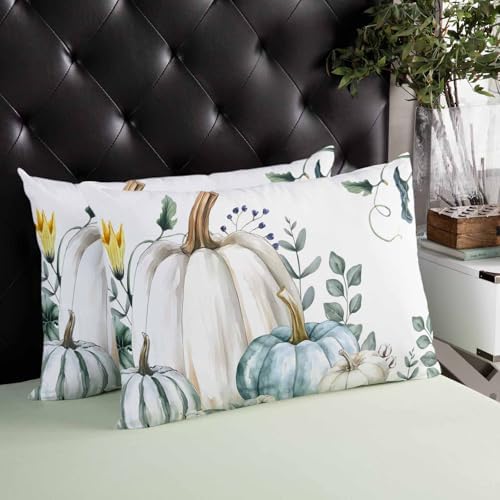 Pillow Covers 20x36 Inch - King Fall Thanksgiving Blue Grey Pumpkin Watercolor Eucalyptus Leaves Soft Brushed Microfiber Pillowcases with Hidden Zipper Closure Bed Pillow Shams for Bedroom Sofa Car - Image 4