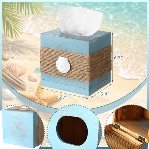Thyle 2 Pcs Coastal Square Tissue Box Cover Blue Starfish Shell Tissue Box Holder Closure Wood Beach Decorations Farmhouse Cube Napkin Holder for Summer Kitchen Car Home Office Living Room Bedroom - Image 3