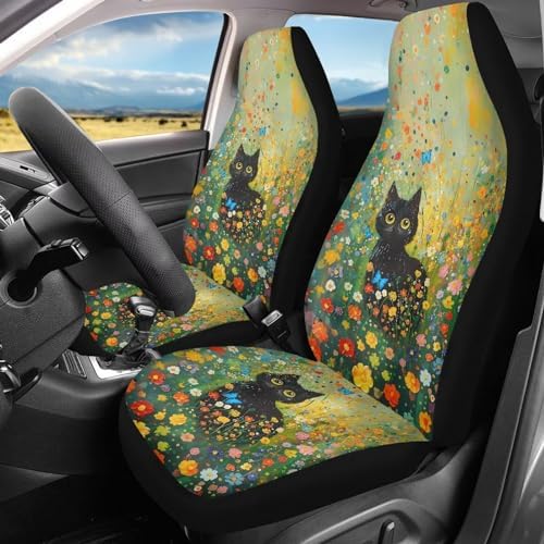 Talayituse Cat Butterfly Flower Print Car Seat Cover Front Seats Only Full Set of 2, Universal Bucket High Back Car Front Seat Covers