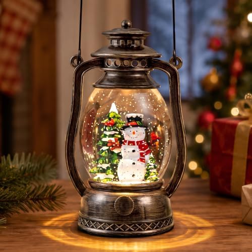 Christmas Snow Globe Lantern with LED Lighted Water Glitter, Hanging Kerosene Style Snowman Scene, Vintage Bronze Tabletop Holiday Decoration Gifts by Qualdout
