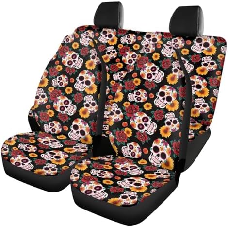 Gothic Skull Roses Car Seat Covers 4Pcs Front & Rear Breathable Seat Covers Universal Fits for Truck, Sedan, SUV Auto Interior Protector Car Accessories Halloween Decor