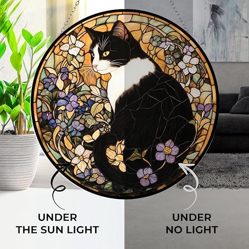 Art Nouveau Floral Tuxedo Cat Stained Glass Window Hanging, Colorful Art Nouveau Floral Cat Sun Catchers Glass Panel Blue Suncatcher Decor for Birthday for Women, Men, Wife, Aunt, and Mom - Image 4