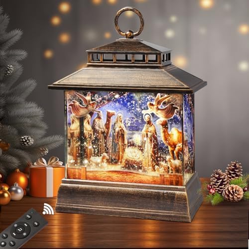 Christmas Snow Globe Lantern Water Glittering Lantern with 8 Songs & 6H Timer Romote Control Christmas Snow Globes USB & Battery Operated for Christmas Festival Decorations Gifts (Nativity) by Xyvoxme