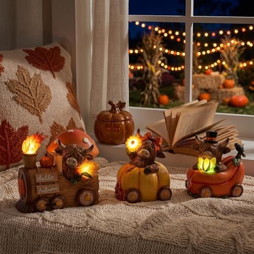 Valery Madelyn Fall Decorations for Home, Lighted Highland Cow Train Decor for Table Indoor, Resin Fall Decor Sunflower Mushroom Corn Thanksgiving Figurines for Autumn Harvest Porch Tiered Tray, 4.3" - Image 5