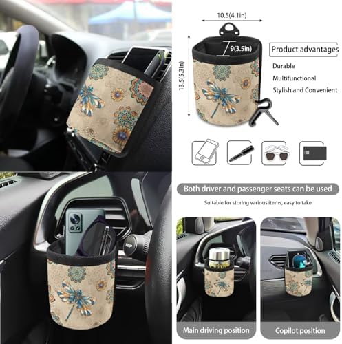 15Pcs Car Seat Cover Full Set Car Steering Wheel Cover Seat Belt Cover Trash Bin Air Vent Storage Box Front Rear View Mirror Car Cup Holder Keychain, Dragonfly Boho Mandala Beige
