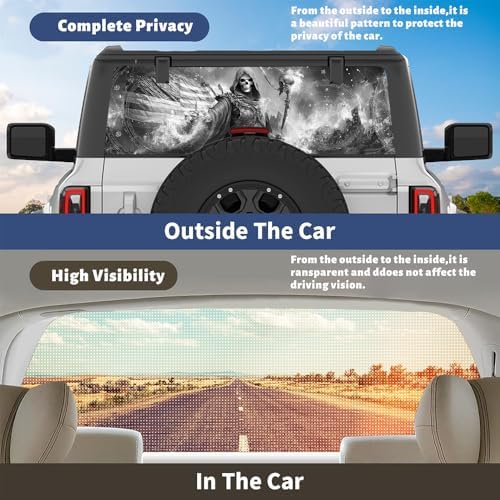 Retro Magical Skull Truck Back Window Graphics Decals, American Flag Grim Reaper Universal See Through Rear Window Vinyl Wrap Full Window Decals for Trucks SUV 66 x 22 inch