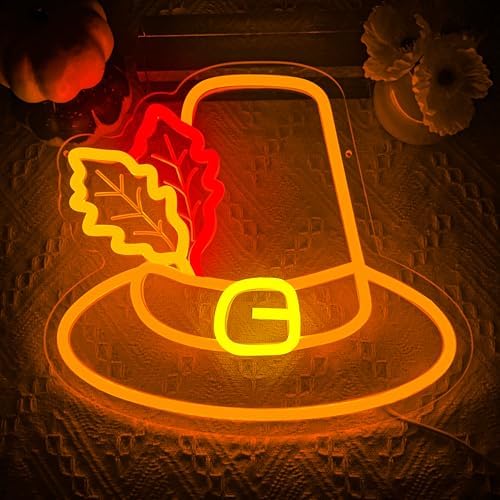 Thanksgiving Hat Neon Sign Thanksgiving LED Neon Light Decoration Glowing Sign USB Powered Wall Hanging Decoration for Fall Neon Sign, carnival, indoor Thanksgiving decoration. - Image 2