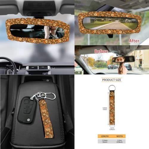 15Pcs Car Seat Cover Full Set Car Steering Wheel Cover Seat Belt Cover Trash Bin Air Vent Storage Box Front Rear View Mirror Car Cup Holder Keychain, Cottagecore Retro Fall Flower