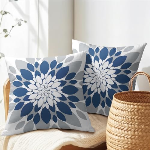 Blue Grey Dahlia Pillow Covers 16x16 Set of 2 Navy Blue Floral Throw Pillow Covers Natural Pillowcase Linen Decoration Farmhouse Soft Decorative Flower Cushion Case Couch for Indoor Outdoor Home Decor - Image 7