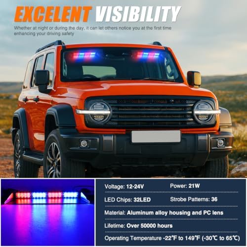 Nilight 32LED Red Blue Dash Strobe Light w/Controller Windshield Mount