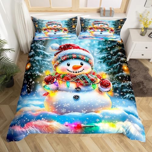 Manfei Lovely Snowman Kids Duvet Cover Set Full Size,Xmas Colorful Lanterns Snowflake Girls Boys Bedding Set,Winter Merry Christmas Room Decor,Rainbow Quilt Cover,2 Pillowcases(No Comforter) - Image 4