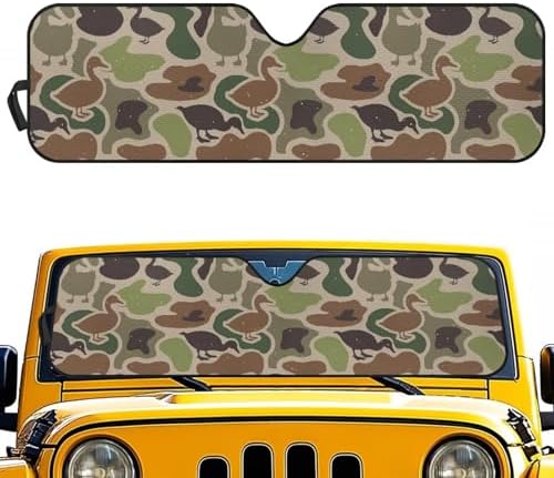 Renewold Duck Camo Green Automotive Windshield Sunshade, Foldable Car Front Window Sun Shade, Blocks Heat UV Rays Sunlight Sun Visor, Keep Cool Shield Cover, for Jeep Wrangler JK JL Gladiator JT