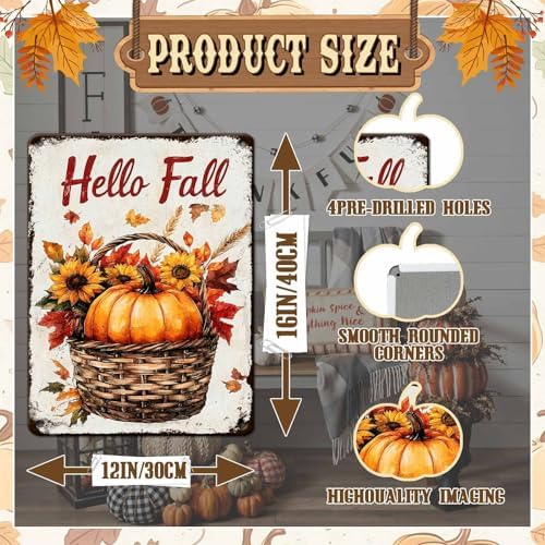 Thanksgiving Day Pumpkin Retro Tin Sign Hello Fall Metal Wall Decor for Living Room Bedroom Kitchen Office Front Porch 12x16Inch - Image 2