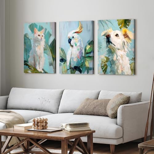 Big Cute Cat Wall Art Green Botanical Picture Woodland Nursery Wall Decor Tropical Teal Leaves Painting Animals Portrait Poster Framed Artwork for Bedroom Living Room Home Decorations 24x36 3P - Image 6