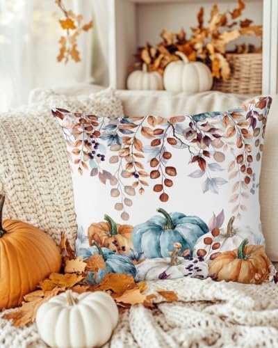 Thanksgiving Pumpkin Pillow Covers 18x18 Inch Set of 2, Eucalyptus Leaves Fall Decorations Indoor Outdoor Throw Pillow Covers, Orange Blue Linen Pillowcases for Patio Sofa Couch Bedroom Decorative - Image 3