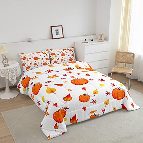 Fall Pumpkin Comforter Set Queen Size Maple Leaves Bedding Set For Kids Girls Boys Autumn Harvest Fruit Botanical Down Comforter Orange Natural Leaf Plant Quilt Set Warm Soft Bedroom Decor 3Pcs - Image 2