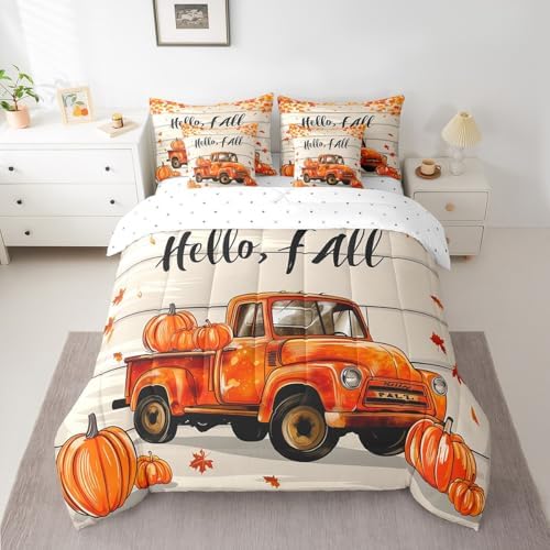 Erosebridal Fall Autumn Full Comforter Set 7 Piece,Pumpkin Truck Bed in A Bag with Sheet Set Thanksgiving Harvest Bedding Set for Kids Adults Rustic Farmhouse Barn Door Maple Leaf Bed Set - Image 2