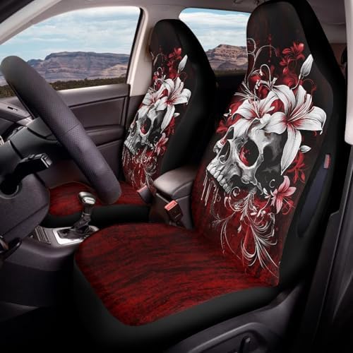 Bulopur Gothic Skull Front Auto Seat Covers for Women Girly Waterproof Car Seat Covers Air Bag Compatible Vehicle Bucket Protectors for SUV Truck Van Sedans