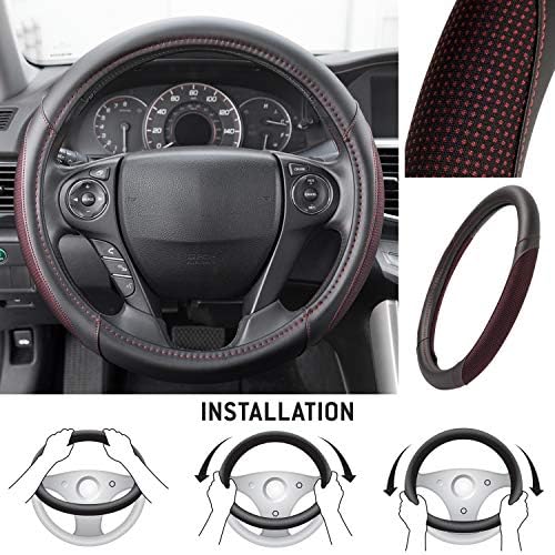 Motor Trend Wine Steering Wheel Cover - Dotted Comfort Polyester Grip on Stitched Synthetic Leather, Wine Stitching/Black