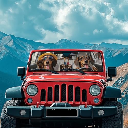 Renewold Automotive Windshield Sunshade for Jeep Wrangler JK JL JLU 1997-2023 Gladiator JT 2020-2023 Car Front Window Shade Sun Shield Sun Visor Funny Dachshund Driving Blocks Heat Sunlight UV Glare