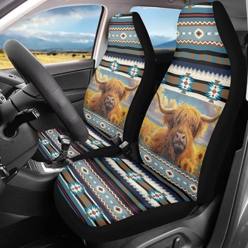 Aztec Car Accessories Seat Covers for Women Men, Highland Cow Front Car Seat Cover Universal Fits for Most Cars, SUV, Truck, Washable Bucket Seat Covers