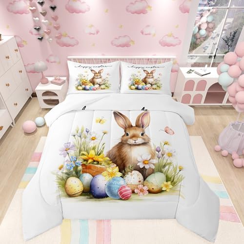 Homewish Cute Rabbit Comforter Set Twin Size,Happy Easter Quilt Set Watercolor Egg Floral Bedding Set 2Pcs for Kids Girls Women Teens Room Decor,Nature Animals Plants Spring Duvet Insert,1 Pillowcase - Image 2