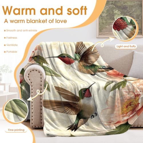 Hummingbird Floral Blanket Gifts for Women Girls,Pink Peony Flower and Birds Vintage Throw Blankets for Bed Living Room Sofa Couch Valentines Day Decor 50"x60" - Image 3