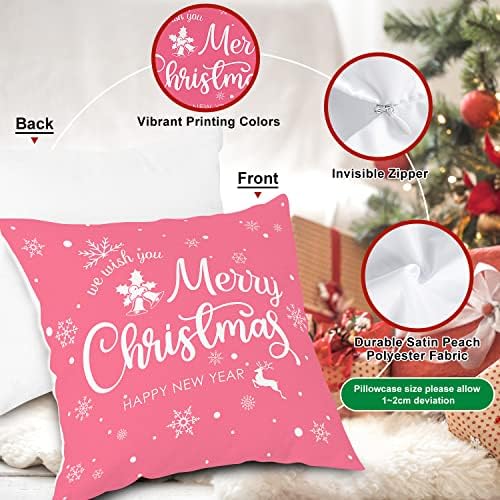 Lanpn White and Pink Christmas Throw Pillow Covers 16x16 Set of 4, 16 inch Decorative Xmas Cushion Covers Pillow Cases for Home Bedroom Room Holiday Couch Decor Decorations - Image 3