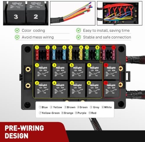 Nilight 12V Fuse Relay Box 10 Relays 4pin/5pin 40A 10 Fuses Pre-Wired Block