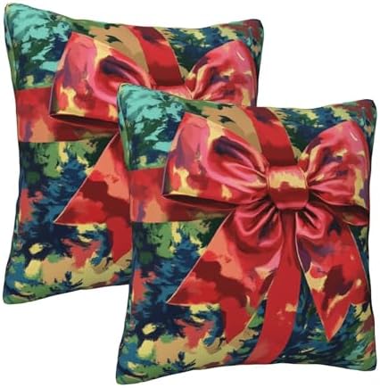 Christmas Bow Art Theme Throw Pillow Covers 18x18 inch Set of 2 Pillow Case Cushion Cover for Home Sofa Couch Living Room Car Decor - Image 2