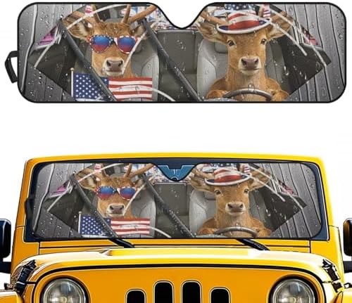Renewold Windshield Sun Shade Sun Visor Shield Fit for Jeep Wrangler JK JKU JL JLU 1997-2023 2/4 Door Gladiator JT 2020-2023 Fully Covered Foldable Front Sunshade Blocks UV Heat Funny Elk Deer Driving