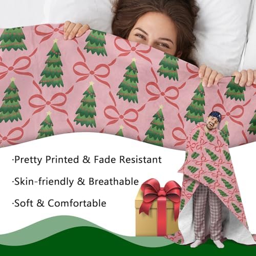 Pink Christmas Tree Bow Flannel Throw Blanket, Xmas Coquette Ribbon - Image 4