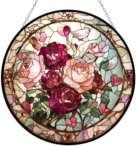 Valentine Blooming Roses Stained Glass Suncatcher 4 Season Colorful Window Wall Ornament Hand-Painted Glass Panel Decor Gift for Women Christmas Thanksgiving Gift 6.3" by HYPESTYLE