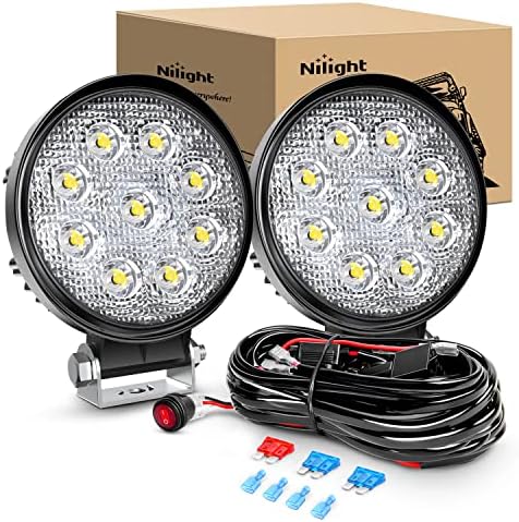 Nilight 2PCS 27W Round Flood Driving Lamp Waterproof Jeep Off Road Fog Lights with Off Road Wiring Harness- 2 Leads
