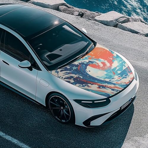 Ukiyo-e Great Wave Car Hood Covers for Automobiles, Retro Aesthetic Art Sea Wave Sunset Elastic Fabric for Car Hood Decoration, Can be Washed Auto Accessories