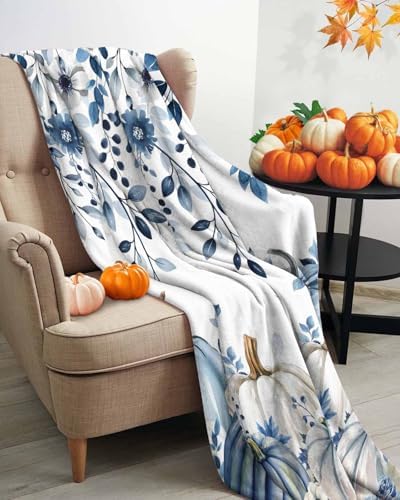 DecorLovee Blue Fall Blanket 60"x80", Reversible Thanksgiving Pumpkins Throw Blanket for Couch/Bed/Camping, Weeping Botanical Lightweight Soft Throw Blankets for Men, Warm Fuzzy Blankets for Winter - Image 3