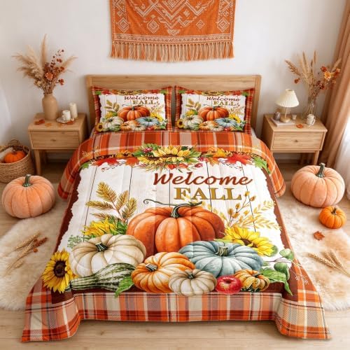 Homewish Fall Pumpkin Sunflower Comforter Set Twin Size Orange Plaid 2Pcs by Homewish