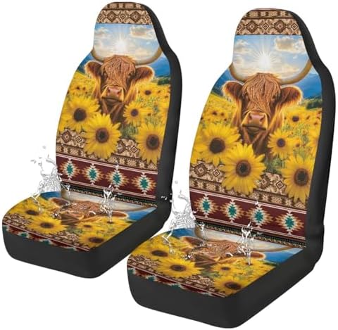Sunflower Highland Cow Car Seat Covers Elastic Fabrics Waterproof Car Seat Cover Easy to Install Auto Interior Accessories 2 Pcs Set for SUV, Vans,Sedan,Truck