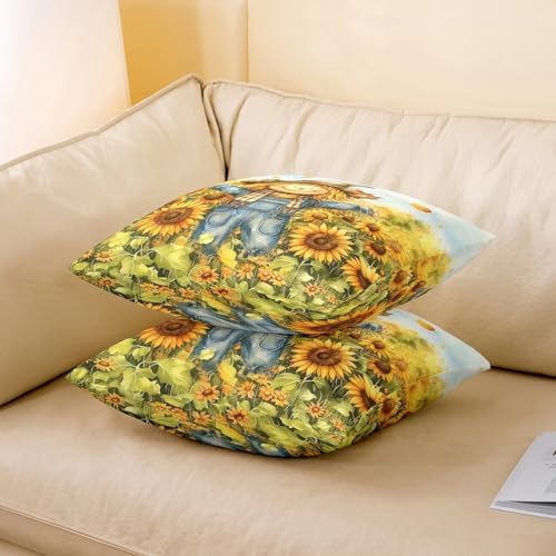 Fall Scarecrow Pillow Case Covers 2 Pack 22"x 22",Rustic Yellow Sunflower Fall Maple Leaves 2 Reversible Print Pillow Covers,Cabin Farmhouse Autumn Harvest Throw Sofa Pillow Covers - Image 3