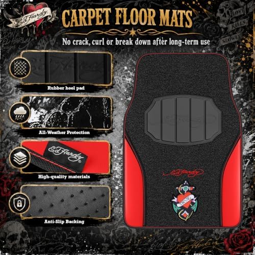 ED HARDY Heart Print Car Floor Mats, Carpet Floor Mats with Red Leather Design, Automotive Car Mats with Built-in Heel Pad & Anti-Slip Backing, Fits Most Cars, SUVs & Trucks, Durable & Odorless