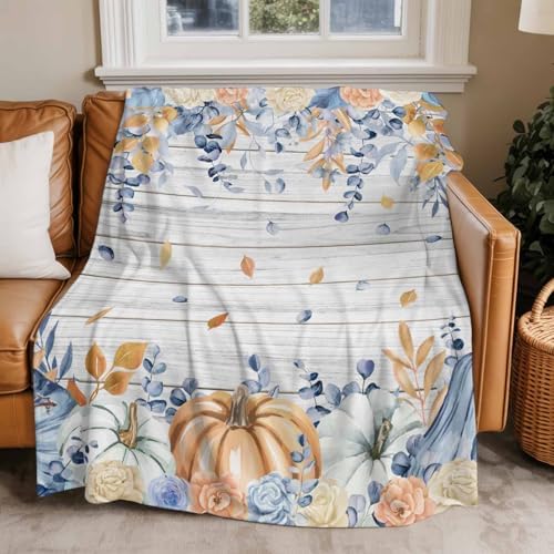 DecorLovee Orange Blue Fall Blanket 60"x80", Reversible Thanksgiving Botanical Throw Blanket for Couch/Bed, Floral Vintage Lightweight Soft Throw Blankets for Men, Warm Fuzzy Blankets for Winter - Image 5