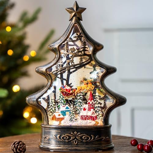 Christmas Snow Globe Lantern Water Glittering Buildings Santa's Deer with Music& Timer, USB Lined and Battery Operated Lighted Lantern for Christmas Festival Decoration Gifts by ZQQLITE